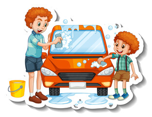 A sticker template with father washing car with his son