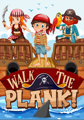 Walk The Plank font banner with pirate cartoon character