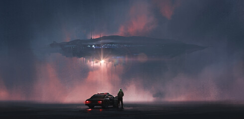 Alien spaceship looming in the clouds, 3D illustration. © liuzishan