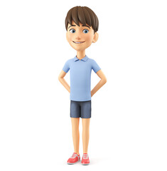 Cartoon character smiling boy in a blue shirt stands on a white background. 3d render illustration.
