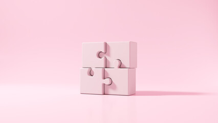 United four pink puzzles on a pink background. 3d render illustration. - obrazy, fototapety, plakaty