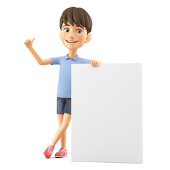 Cartoon character smiling boy in a blue shirt is leaning against an empty board and showing his thumb in the branches. 3d render illustration.