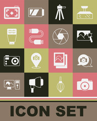 Set Photo camera, retouching, Tripod, USB cable cord, flash, and Camera shutter icon. Vector