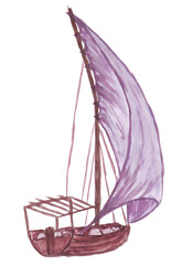 Obraz premium Watercolor drawing of sailing fishing boat isolated on white background. Freehand drawing of a ship with one purple sail