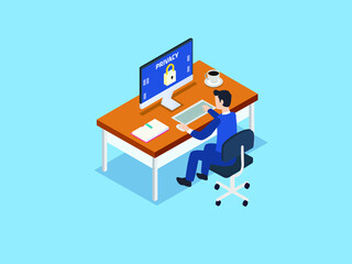 Privacy setting vector concept. Young businessman configuring privacy setting on the computer while working in the office