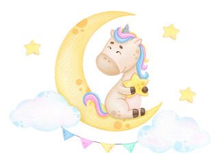 Obraz na płótnie Canvas cute rainbow unicorn sitting on a moon, baby watercolor illustration