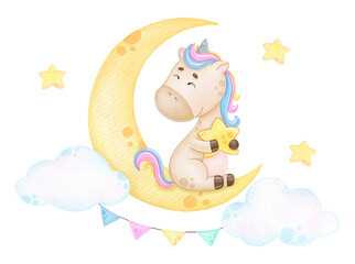 cute rainbow unicorn sitting on a moon, baby watercolor illustration