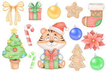 New year symbol tiger and new year watercolor clipart