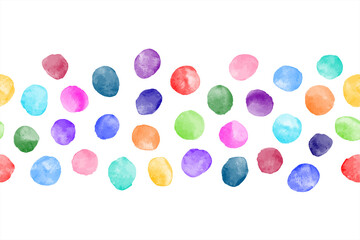 Colorful watercolour round paint spots seamless border, uneven dots design element, text background. Bright rainbow colors. Watercolor circle shape stains, smears, strokes. Brush drawn decoration.