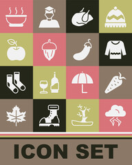 Set Storm, Carrot, Sweater, Roasted turkey chicken, Acorn, Apple, Bowl of hot soup and Eggplant icon. Vector