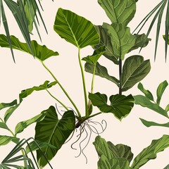 Fototapety  Tropical green monstera and palm leaves background. Seamless pattern. Graphic illustration. Exotic jungle plants. Summer beach floral design. Paradise nature.