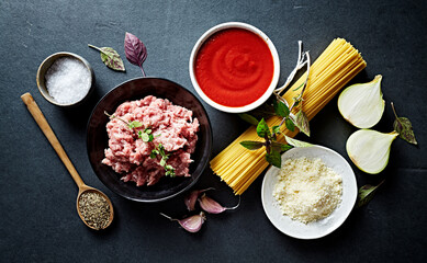 Ingredients for Spaghetti Bolognese. Top view. Home cooking