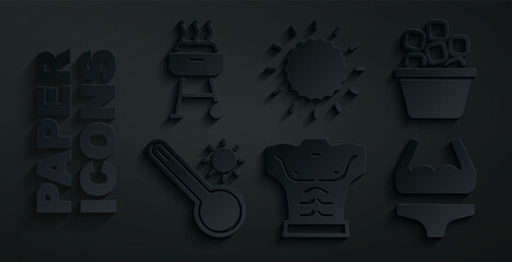 Set Bodybuilder muscle, Ice bucket, Meteorology thermometer, Swimsuit, Sun and Barbecue grill icon. Vector