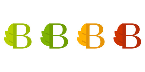 Otoño. Caída de la hoja. Logotipo letra inicial B con forma de hoja de árbol en color verde, naranja y rojo
