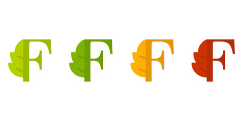 Fototapeta Otoño. Caída de la hoja. Logotipo letra inicial F con forma de hoja de árbol en color verde, naranja y rojo obraz