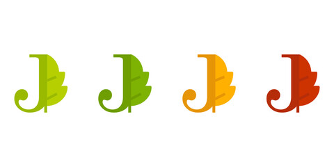Otoño. Caída de la hoja. Logotipo letra inicial J con forma de hoja de árbol en color verde, naranja y rojo