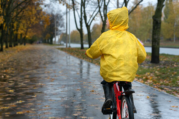 Man in yellow raincoat is driving along an alley in an autumn park. Boy rides bicycle around city...