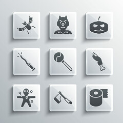 Set Wooden axe, Toilet paper roll, Zombie finger, Lollipop, Voodoo doll, Magic wand, Flying bat and Pumpkin icon. Vector