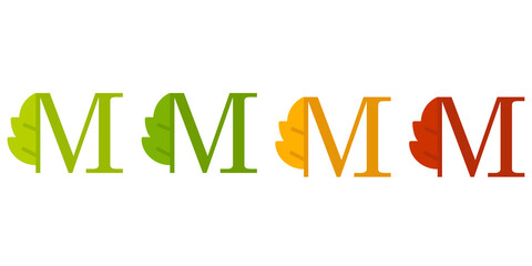 Otoño. Caída de la hoja. Logotipo letra inicial M con forma de hoja de árbol en color verde, naranja y rojo - obrazy, fototapety, plakaty