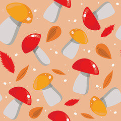Seamless pattern of colorful mushrooms on a pastel background. Hello autumn, background for the design of notebooks, clothes, fabrics. Pattern with red and porcini mushrooms.