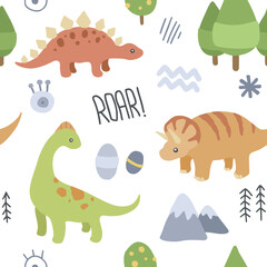 Cute dino wildlife texture. Seamless pattern for fabric, textile, apparel, nersery, wrapping paper.