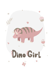 Cute dino girl triceratops poster. Print for fabric, textile, apparel, nersery, wallart.