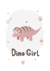 Cute dino girl triceratops poster. Print for fabric, textile, apparel, nersery, wallart. © Sonium_art