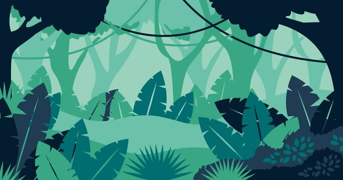 Animated video in a forest full of thick leaves and plants