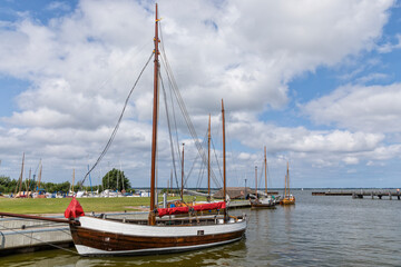 Wooden sail boats called Zeesboote at the harbor of Bodstedt on Saaler Bodden, Mecklenburg-Vorpommern, Germany