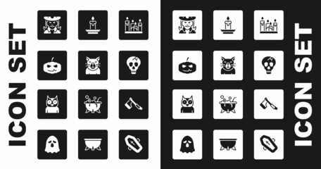 Set Burning candle, Cat, Pumpkin, Witch, Skull, Wooden axe and Owl bird icon. Vector