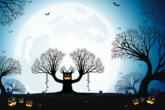 Halloween spooky trees and smiling pumpkin faces with moonlight on blue background.