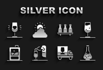 Set Sommelier, Wine glass, Decanter for wine, truck, Cardboard box of, Bottle, and Sun and cloud weather icon. Vector
