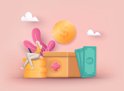 Donation Box with golden coin, money. Donation and charity concept. 3D Web Vector Illustrations.