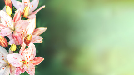 Pink lilies on blurred green background.