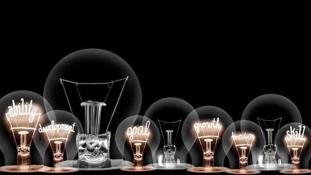 Light bulbs going from dark to light with Education, Knowledge, Ability, Competence, Skill and Development fiber text on black background. High quality 4k video.