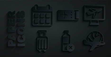 Set No water bottle, Plane, Suitcase, Globe with flying plane, Airline ticket and Calendar and airplane icon. Vector