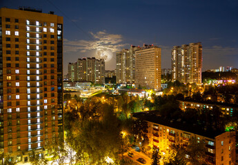 Aerial view of Moscow (night) with supermoon, Russia