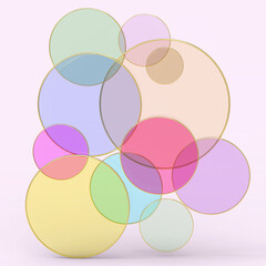 Multicolour glass circles on the pink. Geometric abstraction, 3d rendering illustration, nice design for mobile phone background or any more.