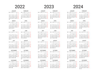 Calendar 2022 2023 2024 years template. Calendar mockup minimal design in black and white colors, holidays in red colors, week starts on monday. Vector illustration. Vector illustration.