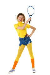 Happy sports girl tennis player posing with racket
