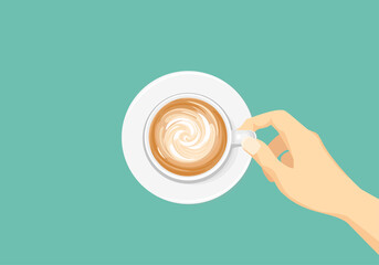 Hand holds cup of coffee. Cappuccino top view. Vector illustration of hot drink in cartoon flat style.