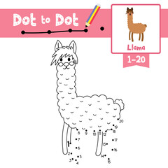 Dot to dot educational game and Coloring book Brown Llama animal cartoon character vector illustration