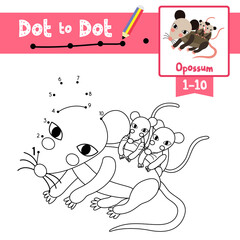 Dot to dot educational game and Coloring book Mother and baby Opossum animal cartoon character vector illustration