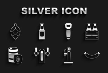 Set Beer tap, Pack of beer bottles, Sausage, Metal keg, Bottle opener, Hop and icon. Vector