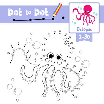 Dot to dot educational game and Coloring book Magenta Octopus animal cartoon character vector illustration