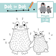 Dot to dot educational game and Coloring book Penguin mother and child  animal cartoon character vector illustration