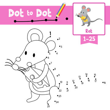 Dot to dot educational game and Coloring book Rat holding cheese animal cartoon character vector illustration
