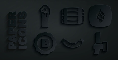 Set Sausage, Hop, Bottle cap with beer, Beer tap, Wooden barrel and Glass of icon. Vector