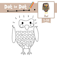 Dot to dot educational game and Coloring book Standing colorful Owl bird animal cartoon character vector illustration