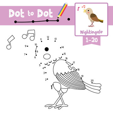 Dot to dot educational game and Coloring book Singing Nightingale bird animal cartoon character vector illustration